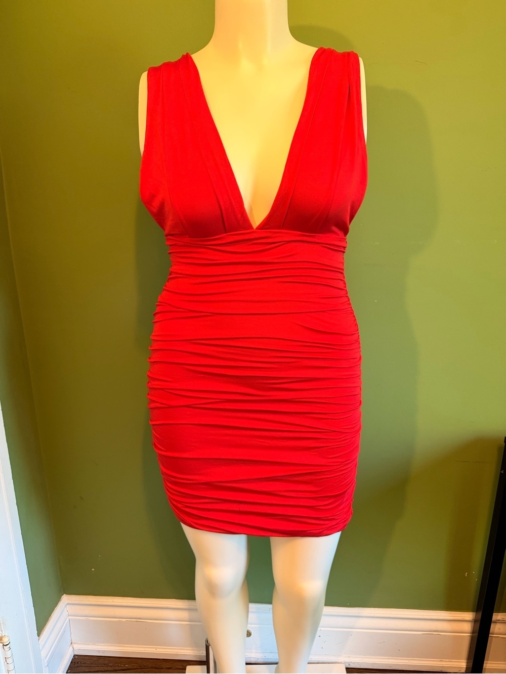 Plunging V-Neck Red Ruched Mini Dress